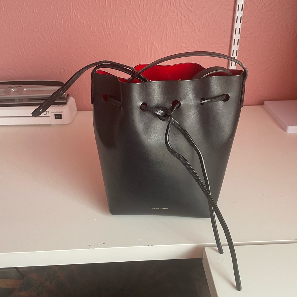Mansur Gavriel Mini Bucket Bag Black Red Interior.